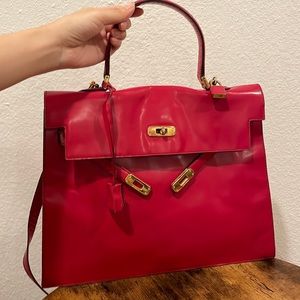 Moschino red Hermes Kelly style crossbody patent handbag